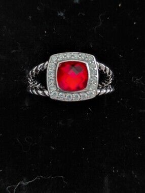 David Yurman Silver Ring with Red Cushion Gemstone and Pavé Halo
